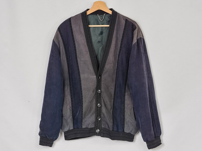 Suede bomber jacket Italian Style Vintage gray 80/'s retro lined hipster patchwork men L