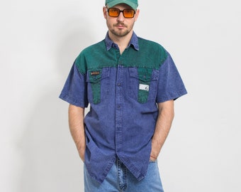 Vintage 80's denim shirt blue green stonewashed blue short sleeve men size L/XL