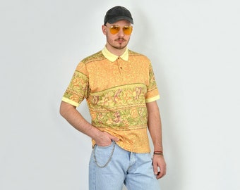 Orange Polo SHIRT Printed striped Vintage ethnic yellow summer hipster collared beach patterned short sleeves men's L Large