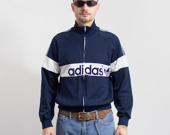 Vintage 70s Adidas Navy Track Jacket White Stripes Collectible M