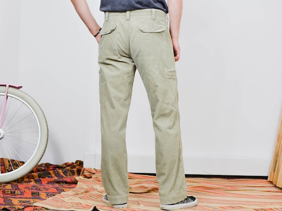 Corduroy Pants Beige Pockets Wide Leg Cargo Style Vintage
