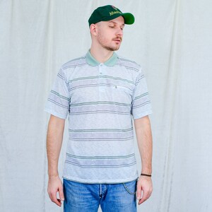 Striped polo shirt men vintage 90s white green collared short sleeves men XL