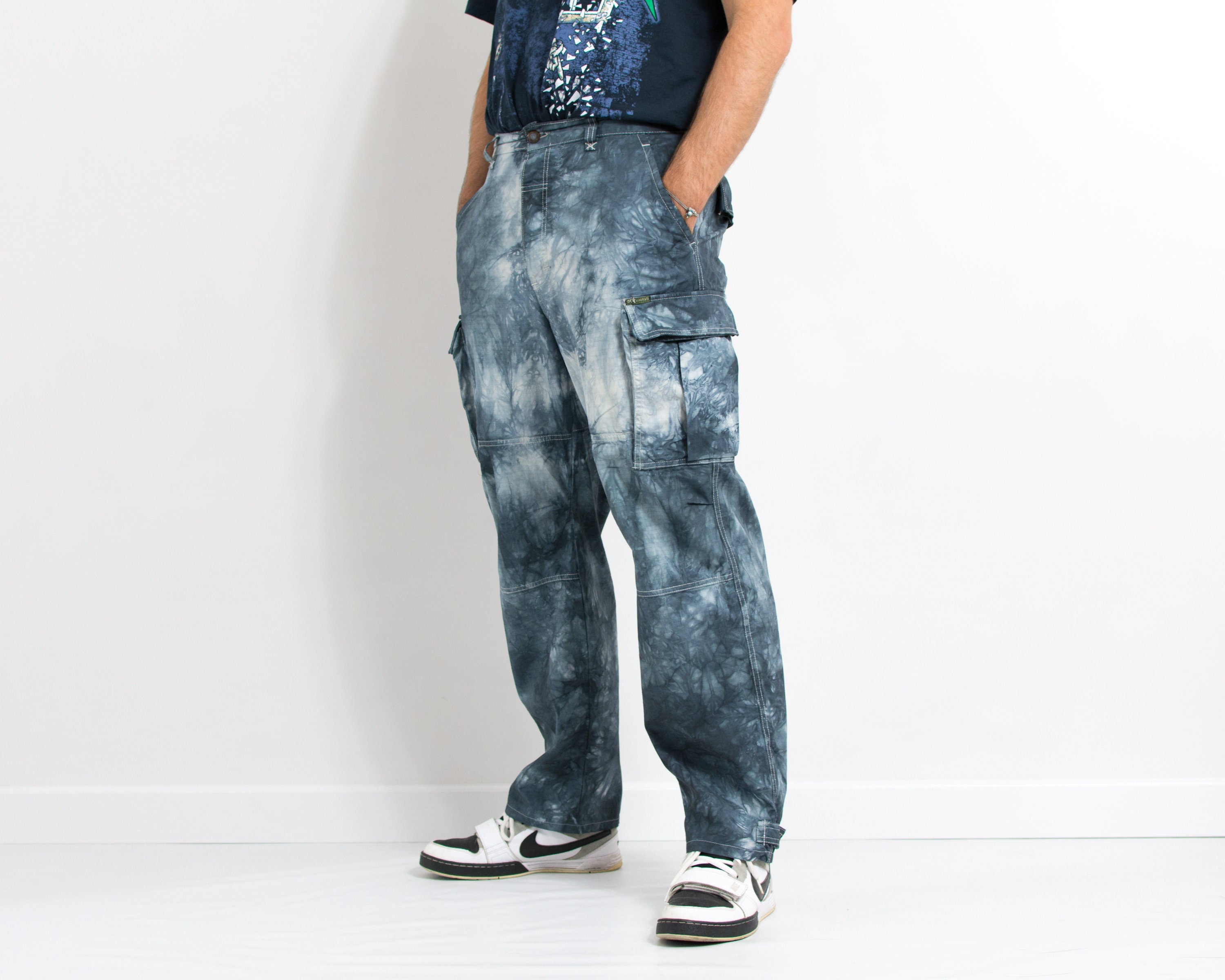 Tie Dye Cotton Cargo Jeans, Men's Casual Street Style Loose Fit