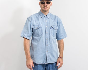 Vintage 90er Jeanshemd blau Kurzarm Herren Größe L