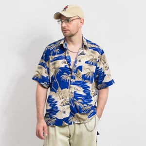Vintage Hawaiian Shirt for Men | blue tropical palm print | short sleeve button-up | size L/XL