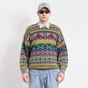 90s Vintage Geometric Sweater | multicolor zigzag knit | pullover retro jumper | men’s size L