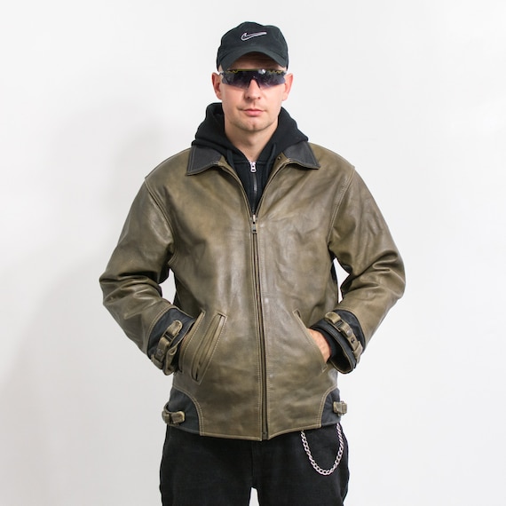 Leather Jacket Vintage Khaki Green Distressed Men Size L - Etsy