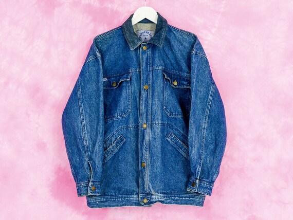 Vintage 80s Blue Denim Jacket Jean Men Leather Collar Trucker - Etsy