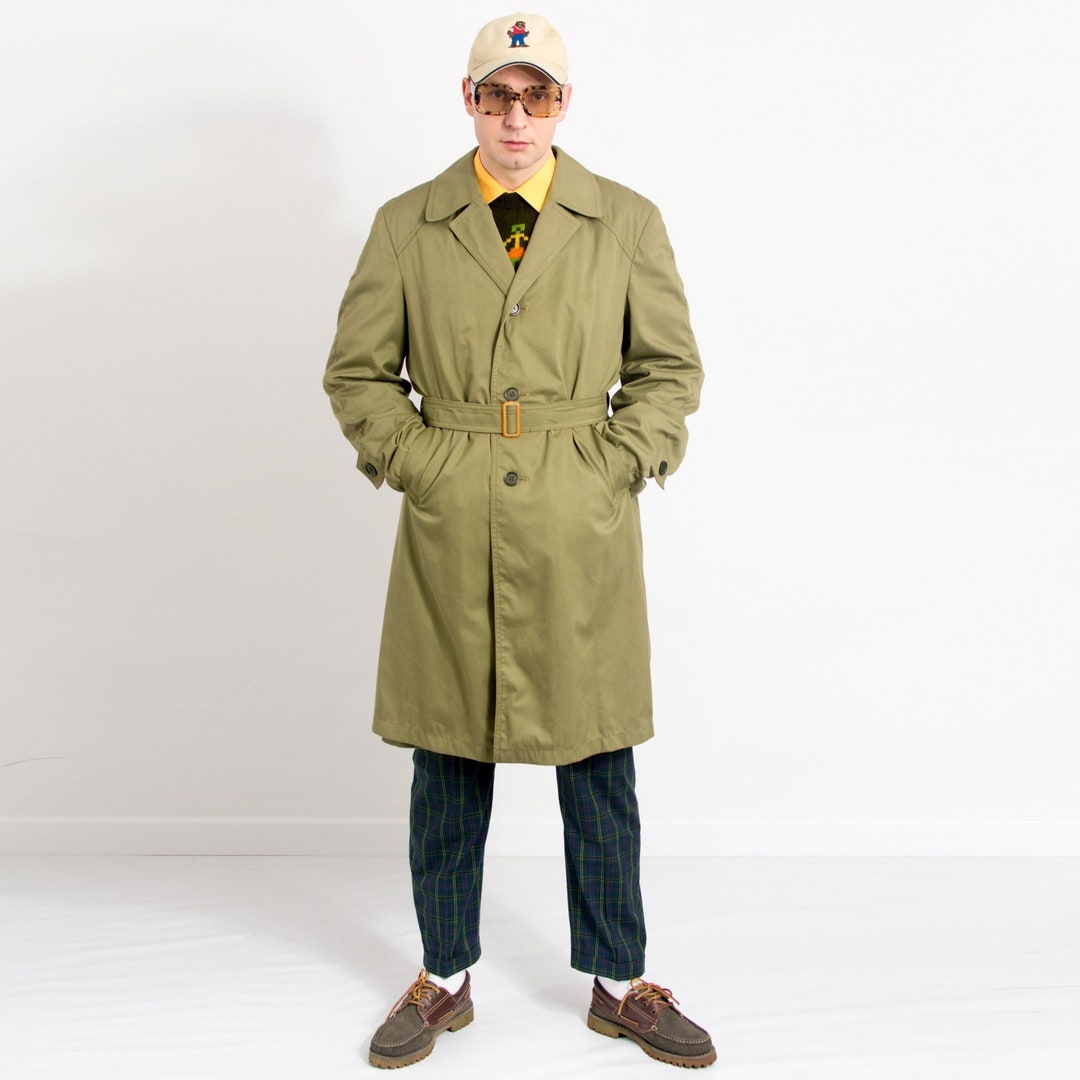 Khaki Green Trench Vintage Military Coat Belted Men Size XL Etsy UK