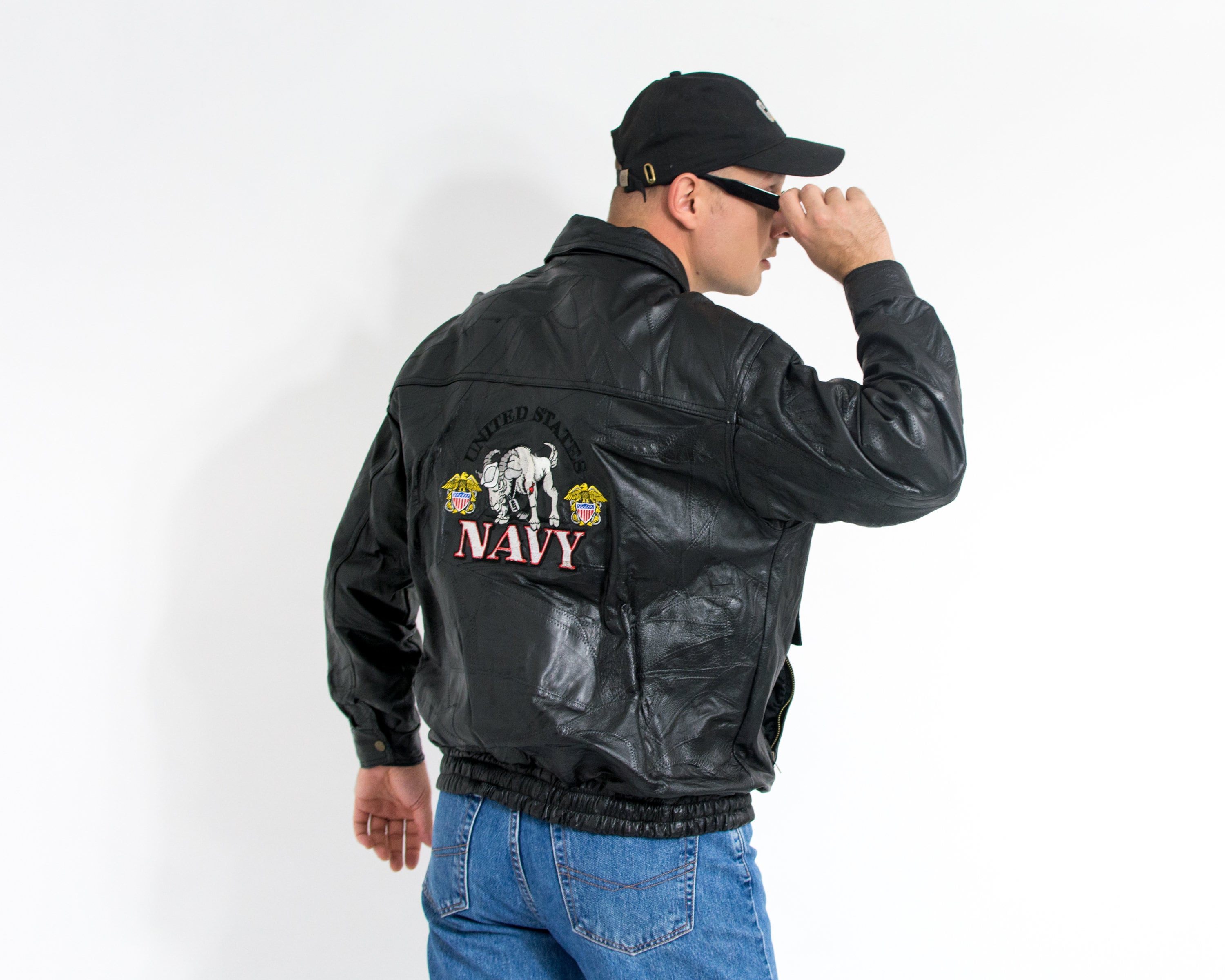 Vintage leather jacket black×navy L