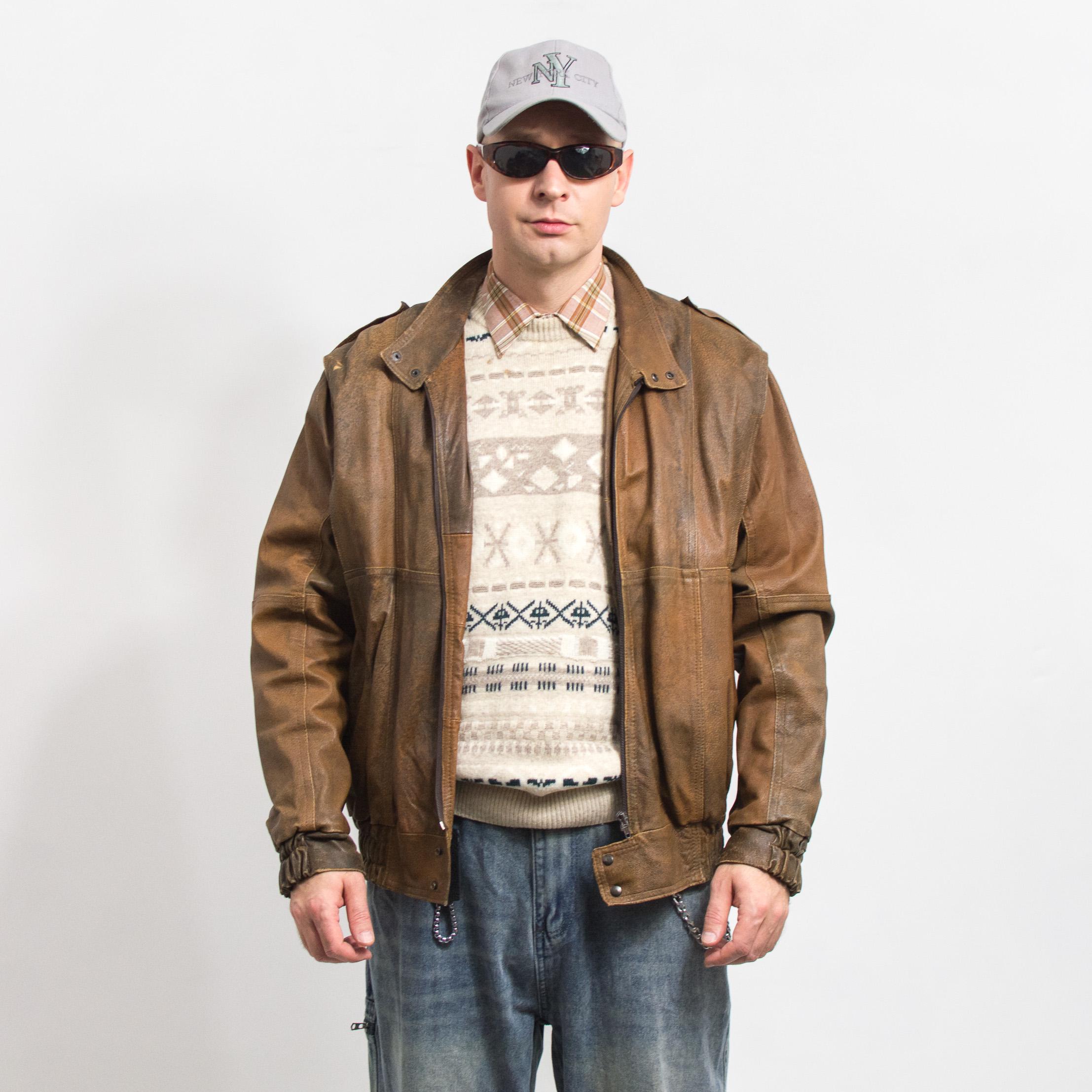 Leather Bomber Jacket Brown Vintage 80's Men Size L/XL - Etsy Canada