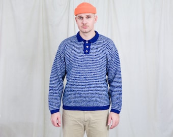 Collared sweater vintage blue white button up retro jumper polo handmade pullover men XL