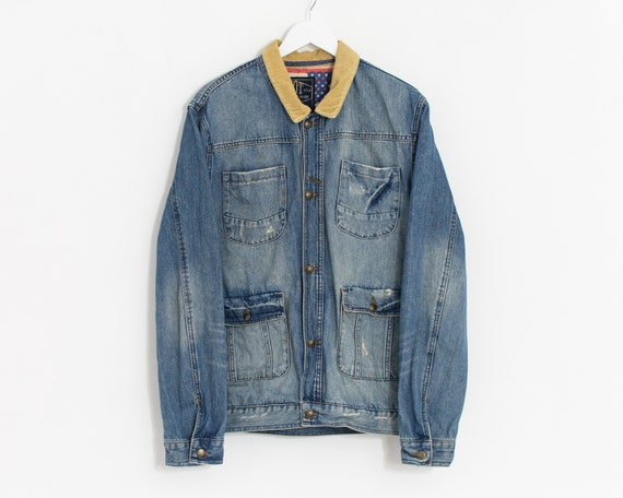 Western Denim Jacket Blue Distressed Vintage Cowboy Men Size L