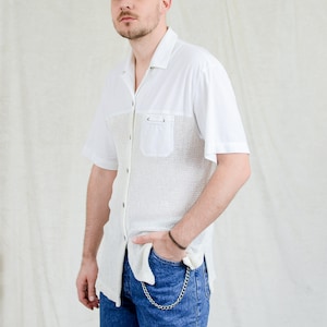 White polo shirt vintage 90s mesh short sleeve men collared men strechy L