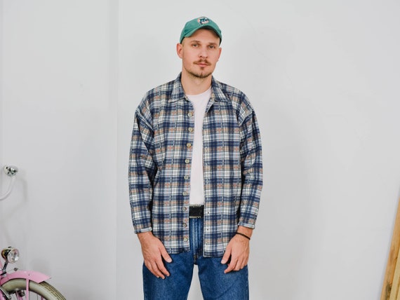 Vintage 90s Cotton Flannel Shirt | Blue Tartan Checkered