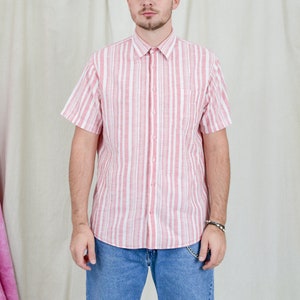 Striped shirt red white printed vintage short sleeve top button up men cotton ramie L Large