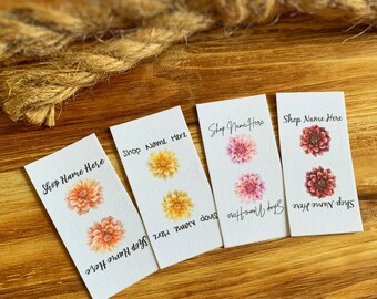 Dahlias FOLD LABELS printed sew on fabric labels, custom labels, product labels, sewing labels, quilt labels, sewing notion, personalized