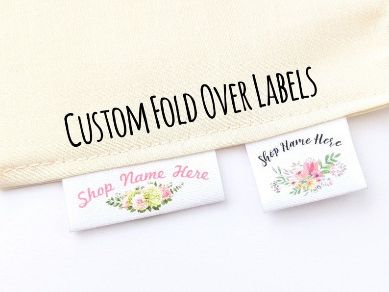 FOLD OVER cotton fabric labels, custom labels, personalized label, sew on label, crochet label, knitting label - Watercolor Flowers 
