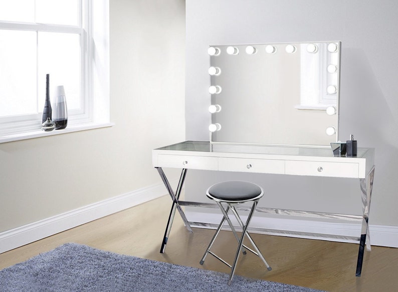 Glamorous White Vanity Set Led All Mirror Table Top Plug In Hollywood Birthday Gift For Her