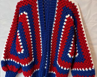 Red, Blue & White Crocheted Hexagon Cardigan