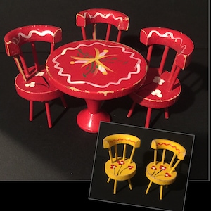 Vintage Turned Wood Doll Dinette Set Furniture RED Table Chairs JAPAN 1950’s PLUS 2 Additional Yellow Chairs