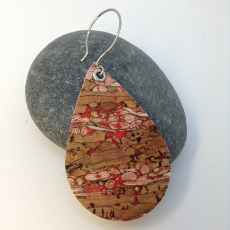 Cork Earrings Red Pink Cork Handmade Ear Wires Handmade Ear Wires- Handmade Ear Hoops Teardrop leather earrings