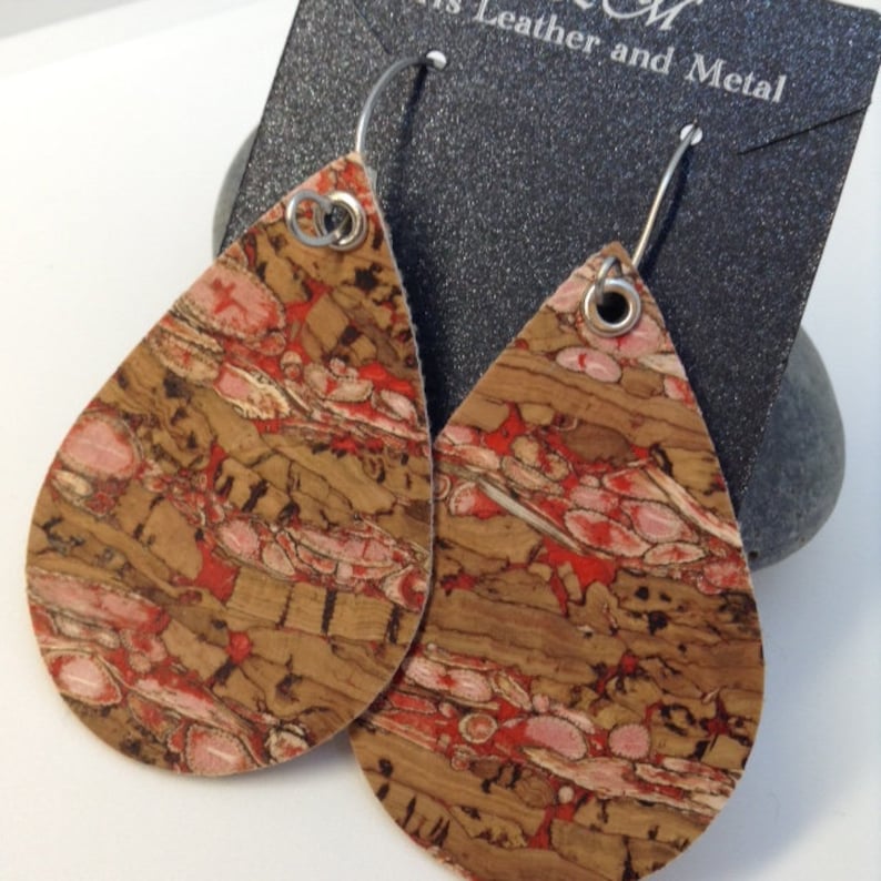 Cork Earrings Red Pink Cork Handmade Ear Wires Handmade Ear Wires- Handmade Ear Hoops Teardrop leather earrings