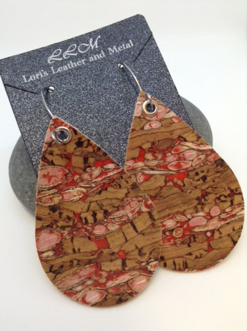 Cork Earrings Red Pink Cork Handmade Ear Wires Handmade Ear Wires- Handmade Ear Hoops Teardrop leather earrings