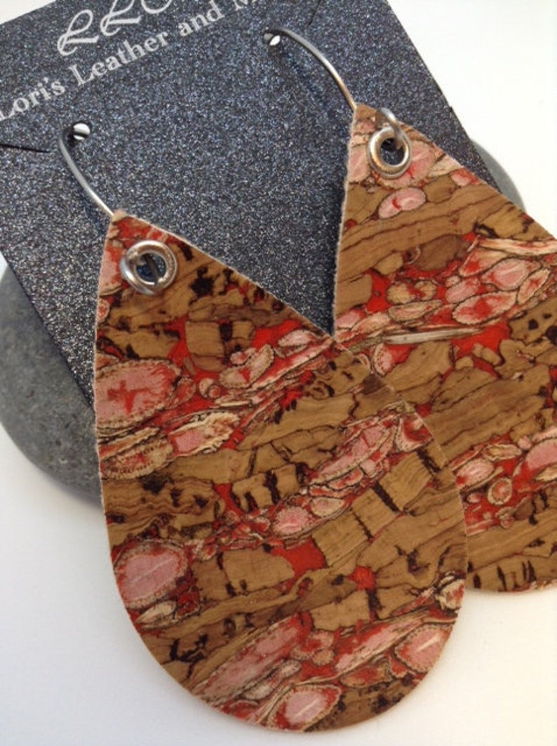 Cork Earrings Red Pink Cork Handmade Ear Wires Handmade Ear Wires- Handmade Ear Hoops Teardrop leather earrings
