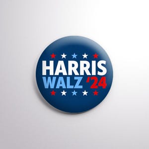 May include: A blue button with white stars and the text "HARRIS WALZ '24" in white.
