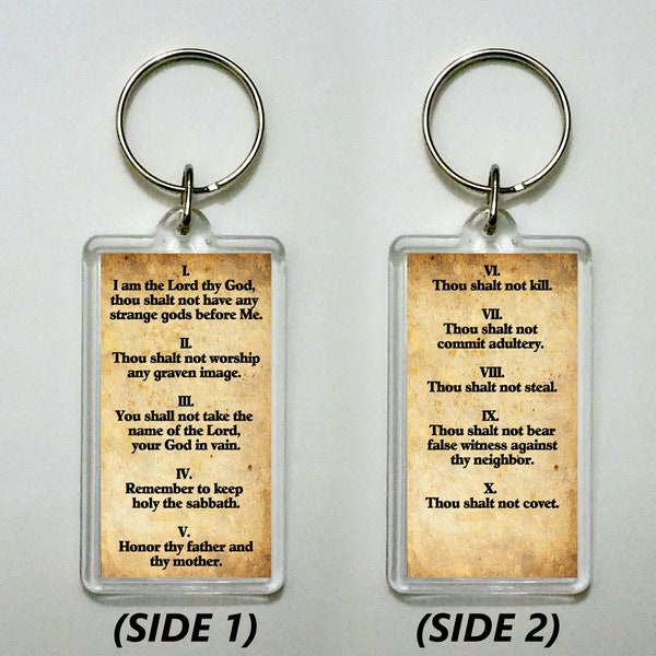 The 10 Commandments - Religious Christian and Catholic Keychain. Two-Sided Keychain. Keychain Size - 1-3/8” Wide x 3-3/4” Tall.