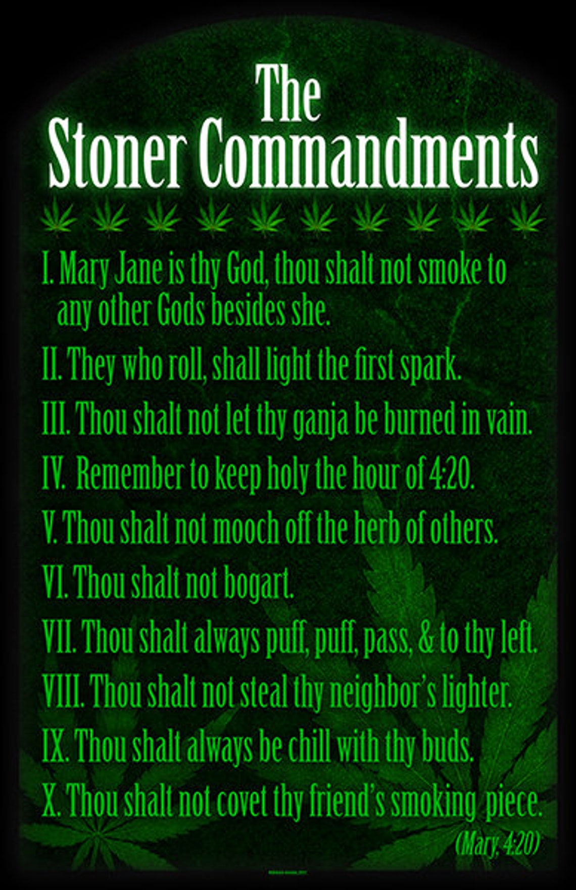 Marijuana Print - the Stoner Commandments. 11x17 Print Size. Pro