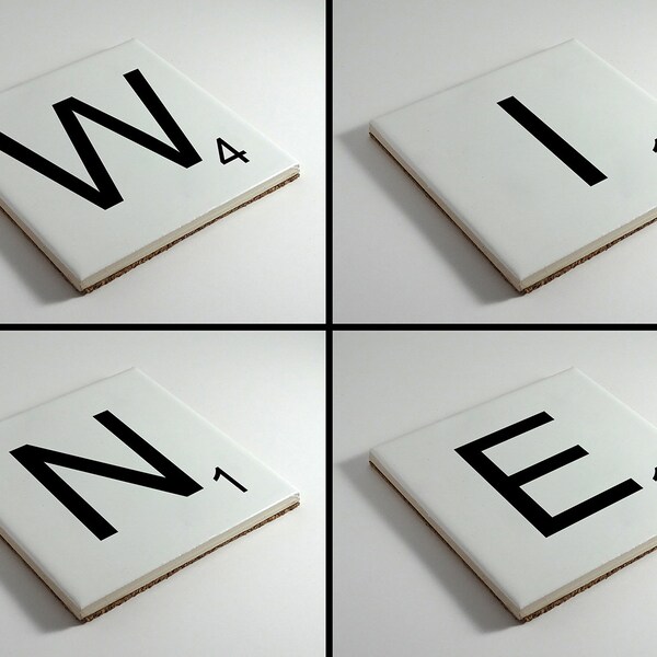 4-Piece Coaster Set - Scrabble Style Word Coasters. Wine Lovers Ceramic Tile with Vinyl Drinkware Coaster