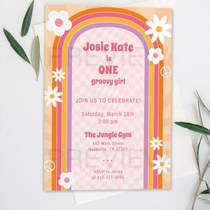 Groovy Hippie Birthday Invitation for Party | Arch Checker Rainbow Flower Power | Kids | Instant Download | Personalize on Corjl | Easy Use