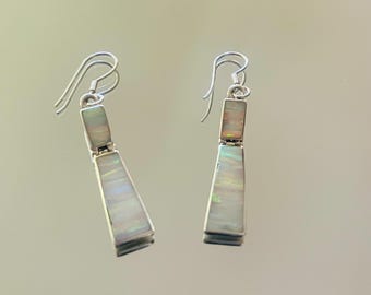 White Lab Opal Hinged Bar Earrings