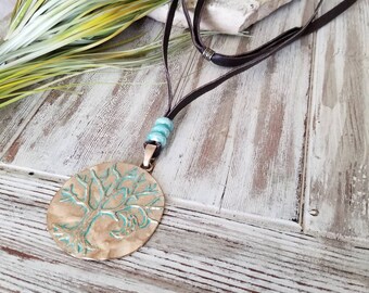 Large Gold and Turquoise Leather Necklace Tree of Life Necklace Womens Necklaces Gifts for Her