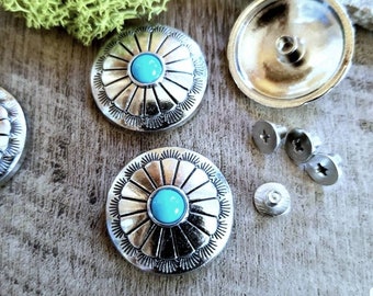 SALE Turquoise Screwbacks 24mm Turquoise and Silver Screwback Rivets Conchos (5 sets) Metal Studs