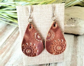 Tooled Leather Earrings Gold or Silver Glitter Leather Earrings Anniversary Gift Gifts for Her