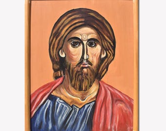 Jesus Christ Art Hand Painted iconography on wood with egg tempera, light orange backround. Religious painting. Unique item ready to ship.