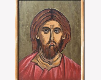 Jesus Christ Art Hand Painted iconography on wood with egg tempera, olive color background. Religious painting. Unique item ready to ship.