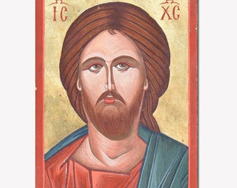 Jesus Christ Art Hand Painted iconography on wood with egg tempera and gold leaf. Religious painting. Ready to ship