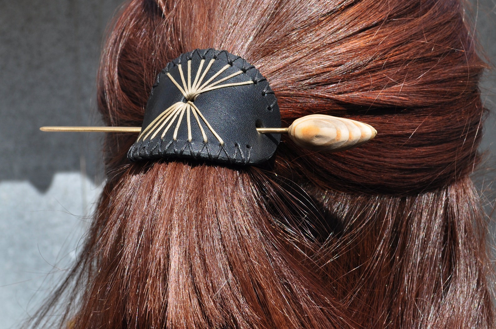 Handmade Leather Hair Clip With Metal and Wood Stick, Hair Clasp, Hair Barrette, Ready to Ship