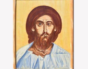 Jesus Christ Art Hand Painted icon on wood with egg tempera, light blue tunic. Religious painting. Unique item ready to ship.