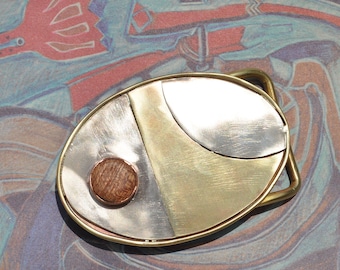 Belt Buckle in Bronze & Nickel silver with a wood inlay, Unique Handmade, Ideal as a gift, Ready to ship