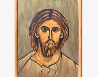 Jesus Christ Art Hand Painted icon on wood with egg tempera, light olive color background. Religious painting. Unique item ready to ship