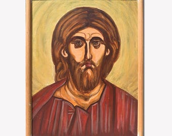 Jesus Christ Art Hand Painted icon on wood with egg tempera, deep red tunic. Religious painting. Unique item ready to ship