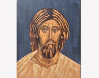 Jesus Christ Art Hand Painted iconography on wood with egg tempera. Religious painting. Dark blue background. Unique item ready to ship.
