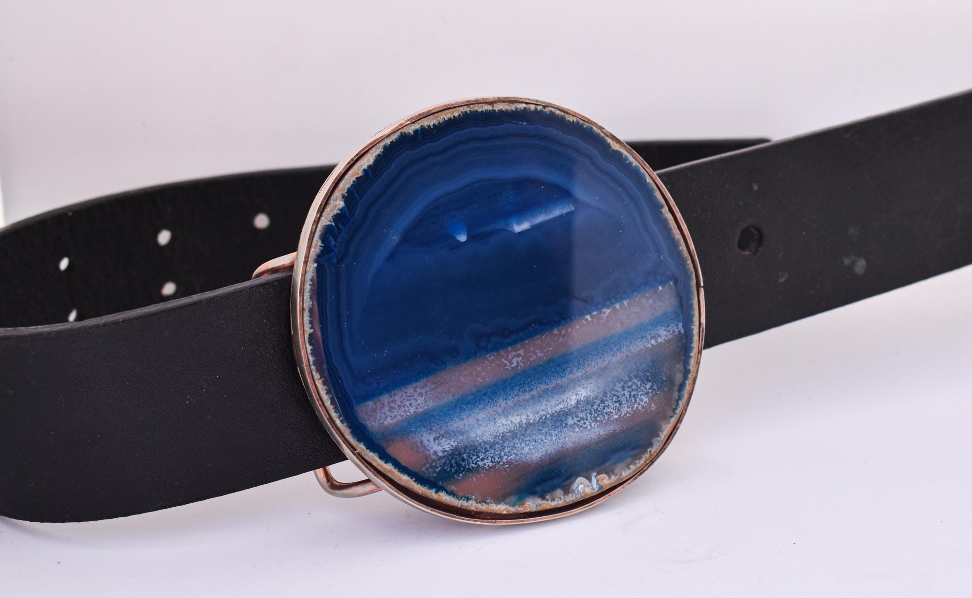 Raw Edge Blue Agate Belt Buckle Belt Buckle / Cabochon Paisley Blue / Swarovski Crystals main image 4