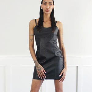 vtg 90s black leather bodycon strappy mini dress S M image 1