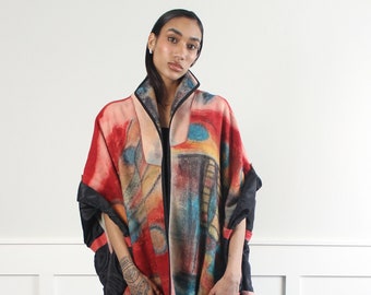 vtg 90s multicolor kimono art to wear cape, oversized poncho, abstract print, OS